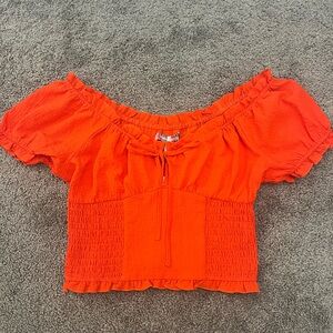 Urban Outfitters Red Hot Puff Sleeve Top - Off the Shoulder Shirred Blouse